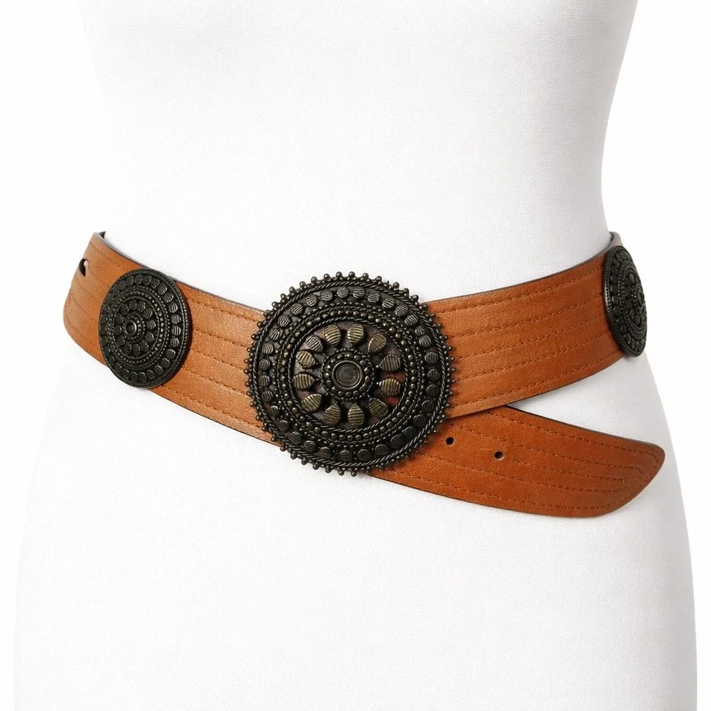 Chico's‎ Brown Leather Medallion Statement Belt Bronze Ornate Boho Wide NEW